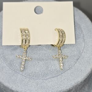 18k Gold Over 925 Silver & CZ Cross Earrings
